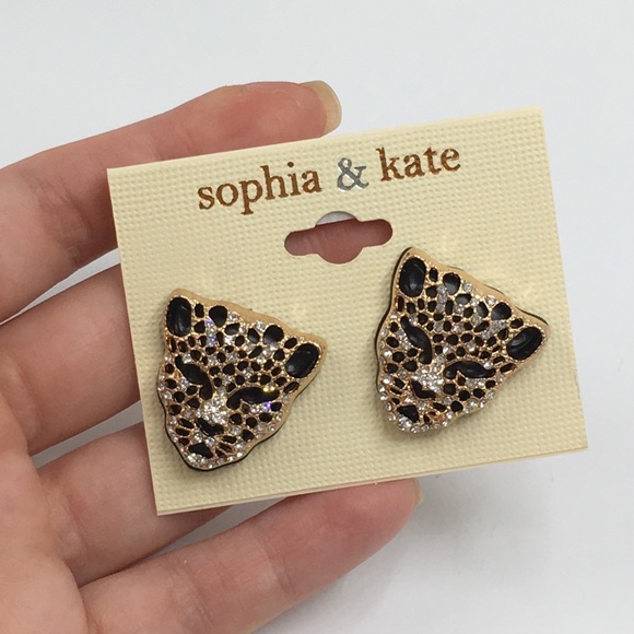 Panther leopard earrings black gold rhinestones - Picture 2 of 7